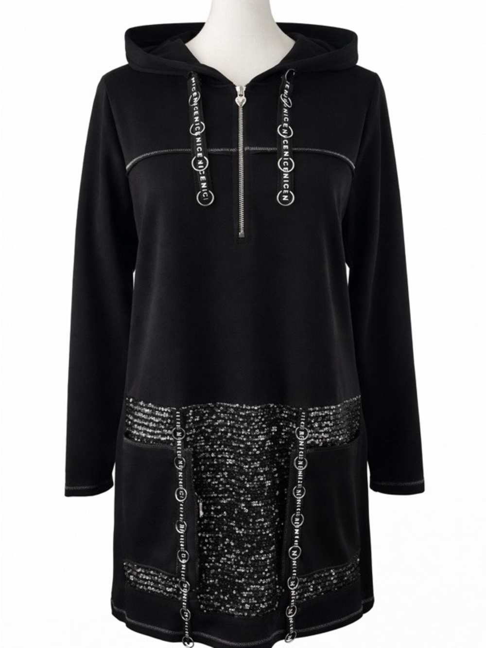Black Sequin Mob Wife Glam Hoodie Tunic Dress M Sporty Bling Pullover Sweatshirt